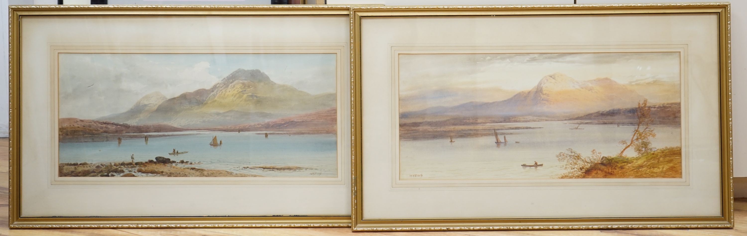 William Henry Earp (1831-1914), pair of watercolours, Loch scenes, signed, 25 x 55cm